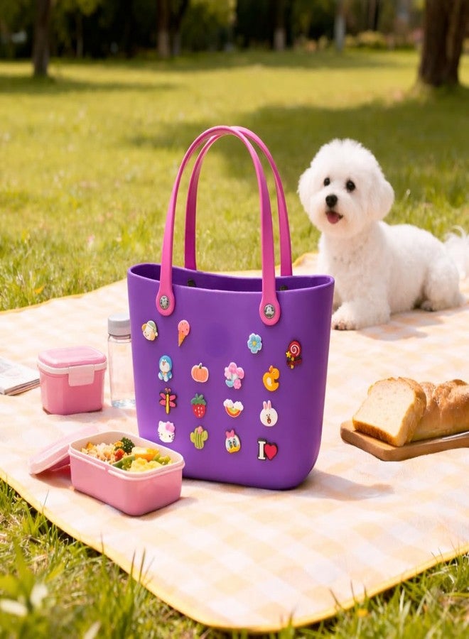 RAMNATH IMPEX Trendy Fashion Purple EVA Rubber Tote Bag for Women & Girls | Soft, Waterproof Lightweight Rubber Handbag with Cartoon Charms | Stylish Shoulder Carry Bag for College, Shopping, Travel & Casual Use. - Image 5